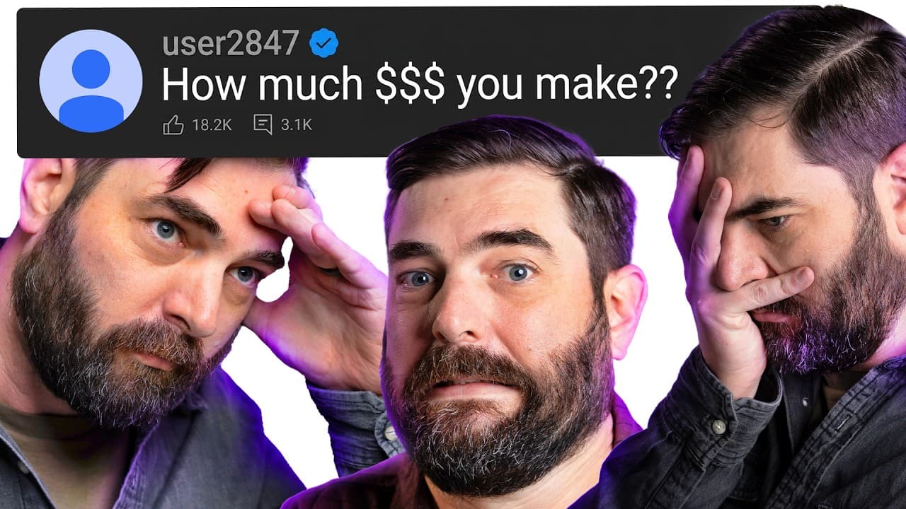 Three bearded men with confused expressions touch their heads against a purple-lit background with a social media post…