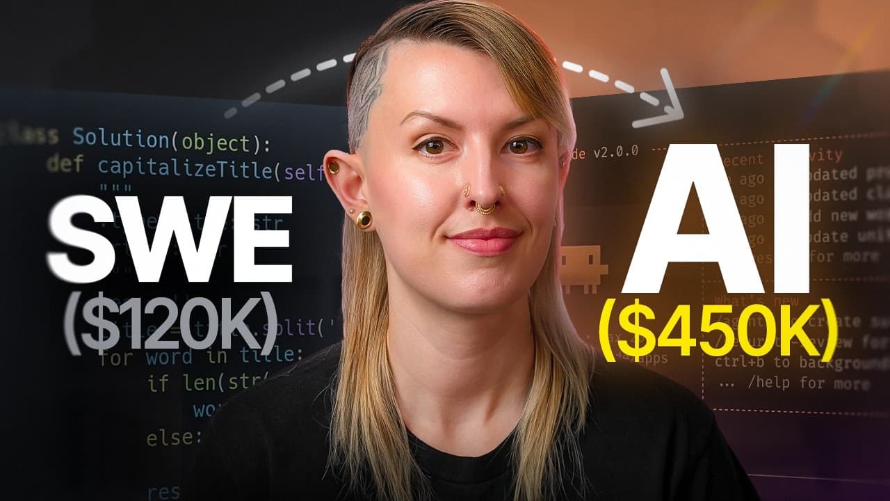 Person with nose ring against code background with text showing SWE ($120K) and AI ($450K) salary comparison