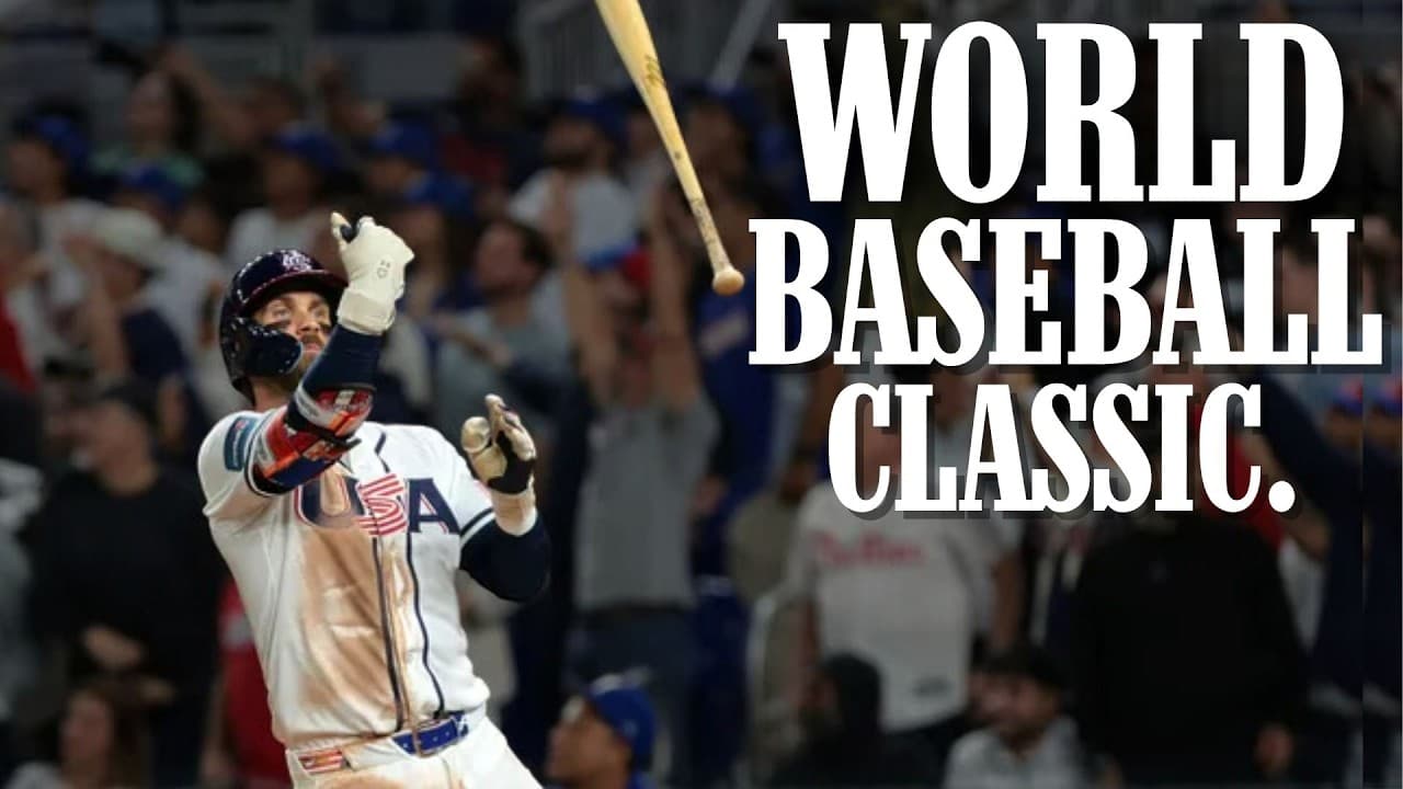 A USA baseball player mid-swing during the World Baseball Classic with crowd in background and white text overlay…