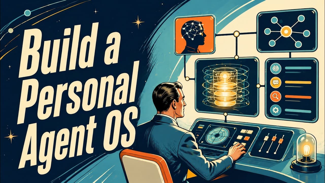 Man at control panel with AI interfaces, neural networks, and connected systems in retro-futuristic tech environment