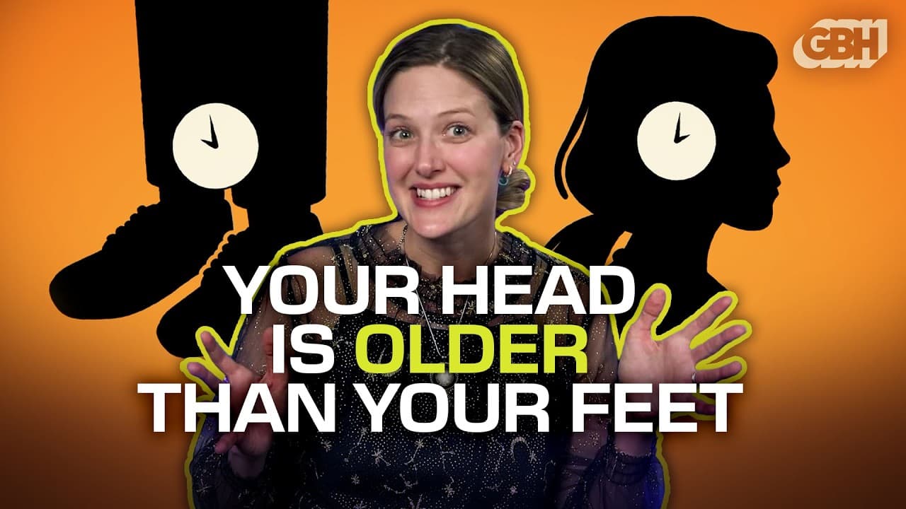 Woman gesturing enthusiastically with silhouettes of heads containing clocks against orange background, with text about aging