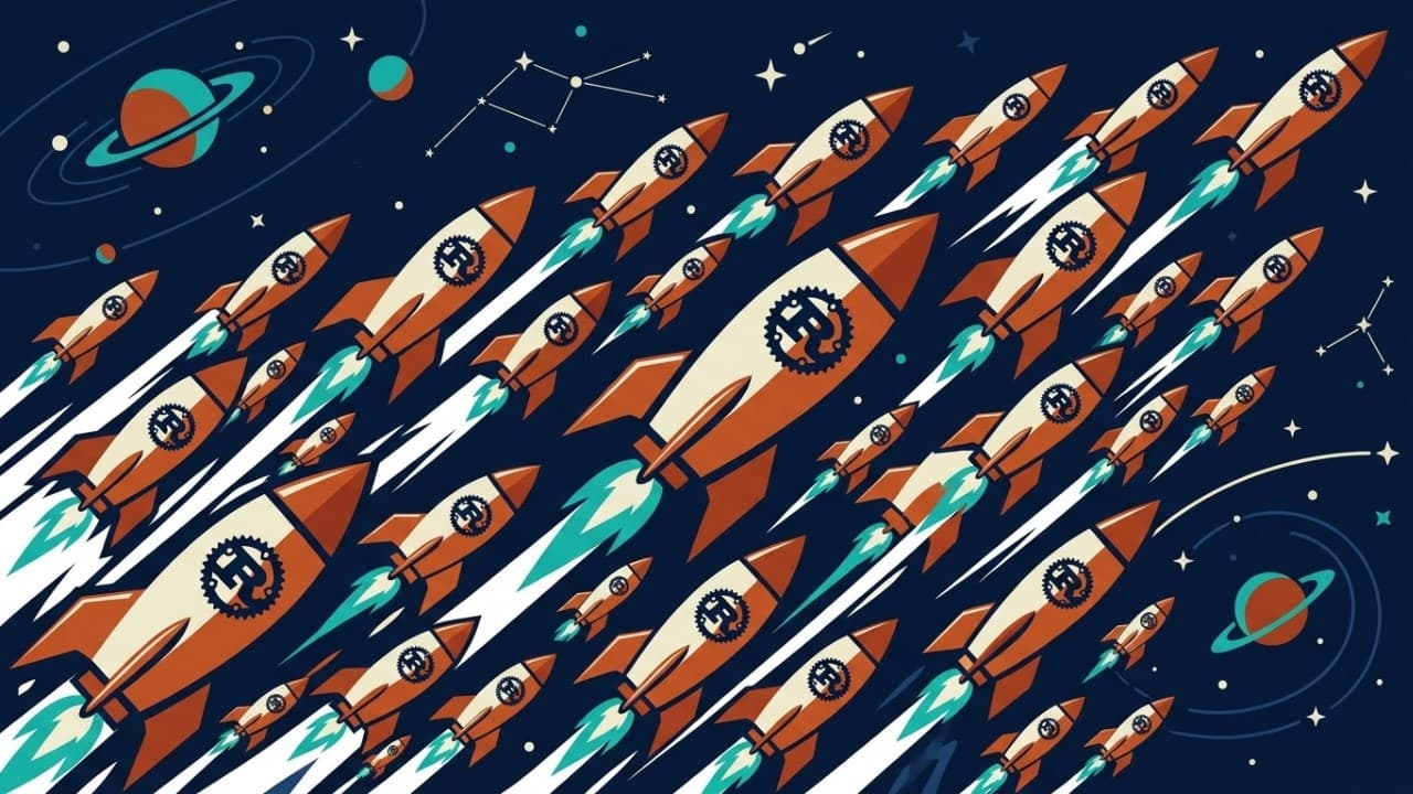 Multiple rockets launching diagonally across a space background with planets and constellations, featuring gear symbols and…