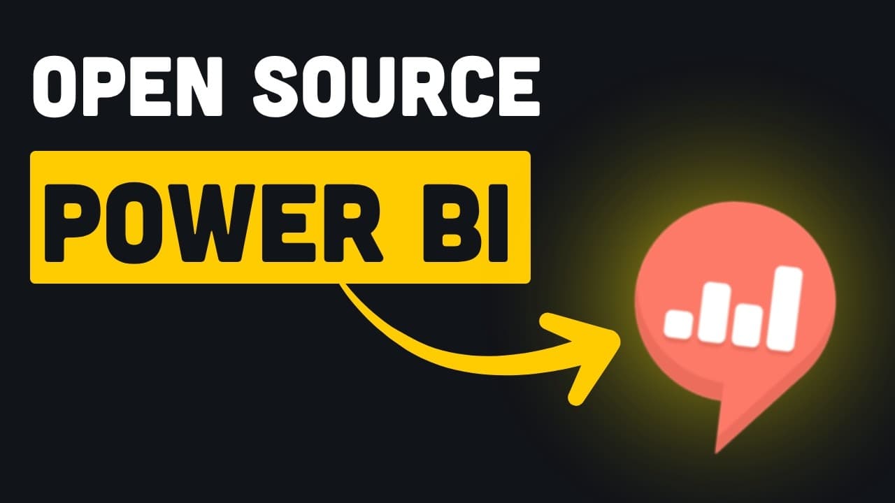 Yellow "POWER BI" text with arrow pointing to red chat bubble icon containing a bar chart graphic on dark background