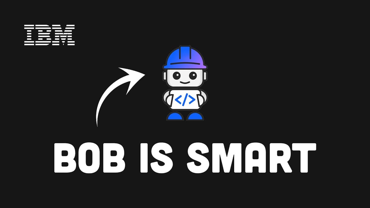 IBM logo with cartoon robot character wearing hard hat and displaying code symbols, arrow pointing right, text reading "BOB…