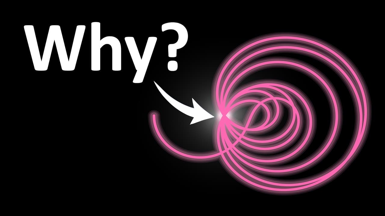 Neon pink spiral pattern with white arrow pointing to center and "Why?" text on black background