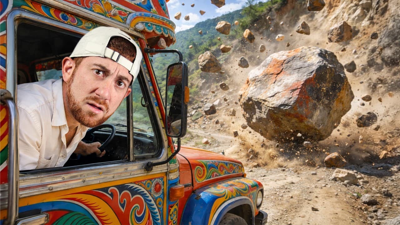 Man in white cap looks alarmed from colorful truck window as massive boulder crashes down mountainside during landslide