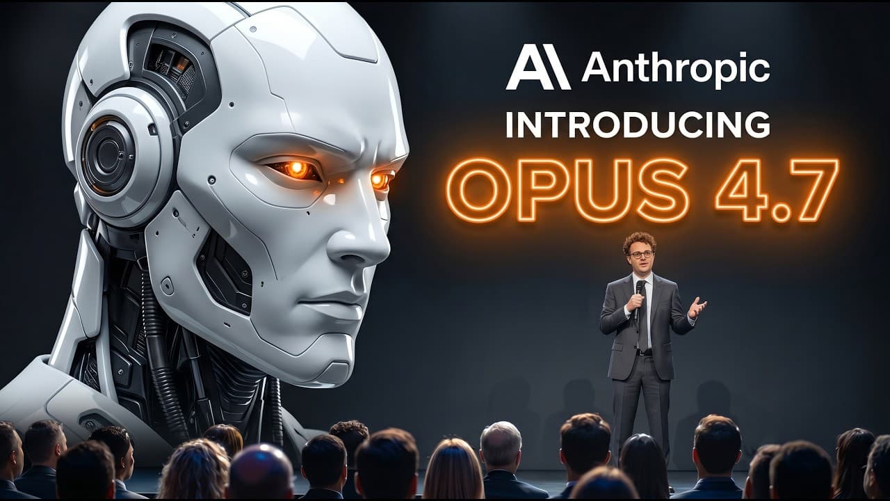 A presenter on stage introduces Anthropic's Opus 4.7 AI model beside a glowing-eyed white humanoid robot head with…