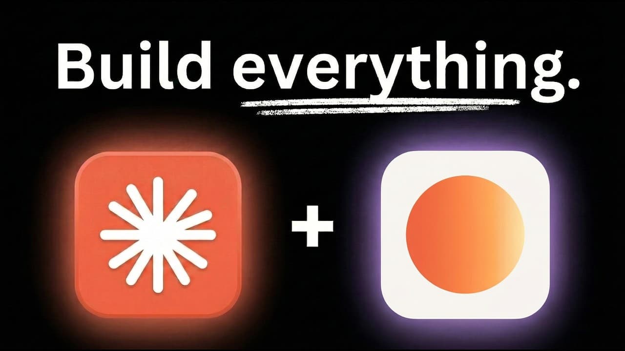 Two app icons with glowing effects connected by a plus sign against a black background, with "Build everything" text at the…