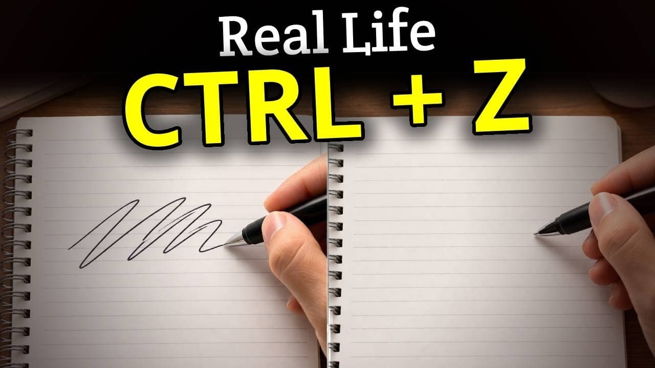Two hands with pens over an open notebook with "CTRL+Z" in yellow text above, illustrating the concept of undoing actions…