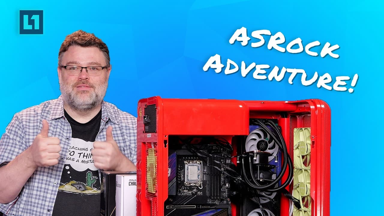 Man giving thumbs up next to red PC case with "ASRock Adventure!" text on bright blue background