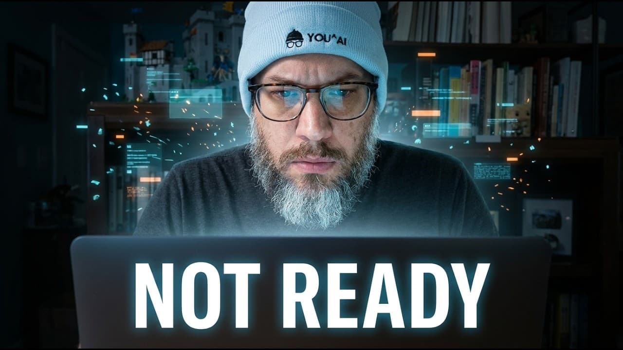 Bearded man in glasses and light blue beanie at laptop with glowing cityscape background and "NOT READY" text overlay