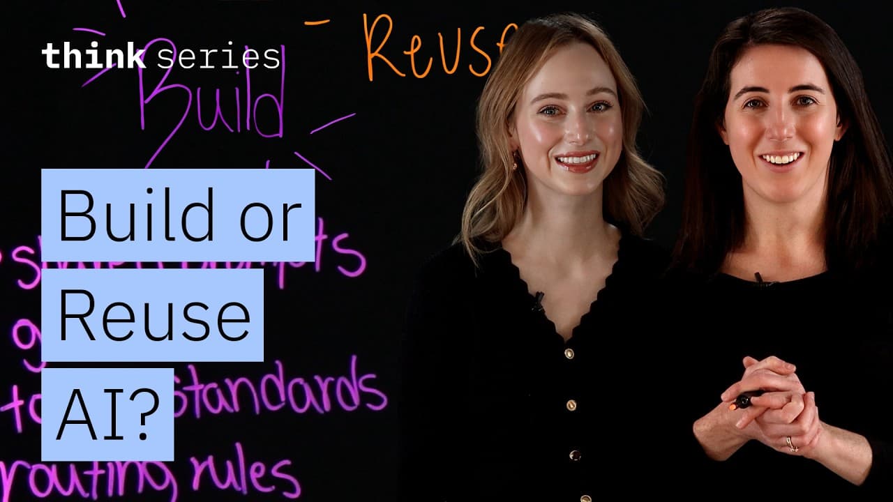 Two smiling women against a black background with text boxes reading "Build or Reuse AI?" and neon purple handwritten notes…