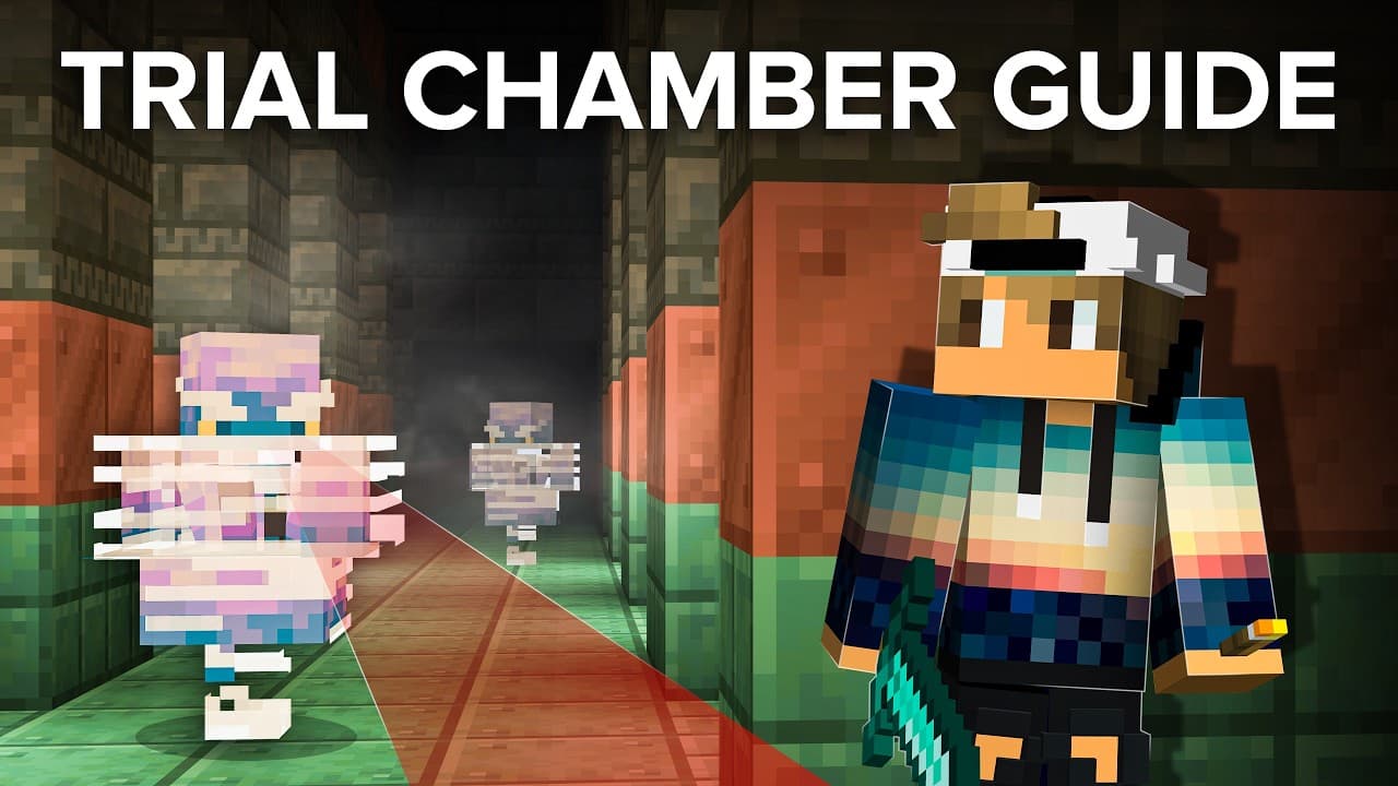 Two Minecraft characters stand in a brick corridor with red and green blocks, with "TRIAL CHAMBER GUIDE" text displayed above