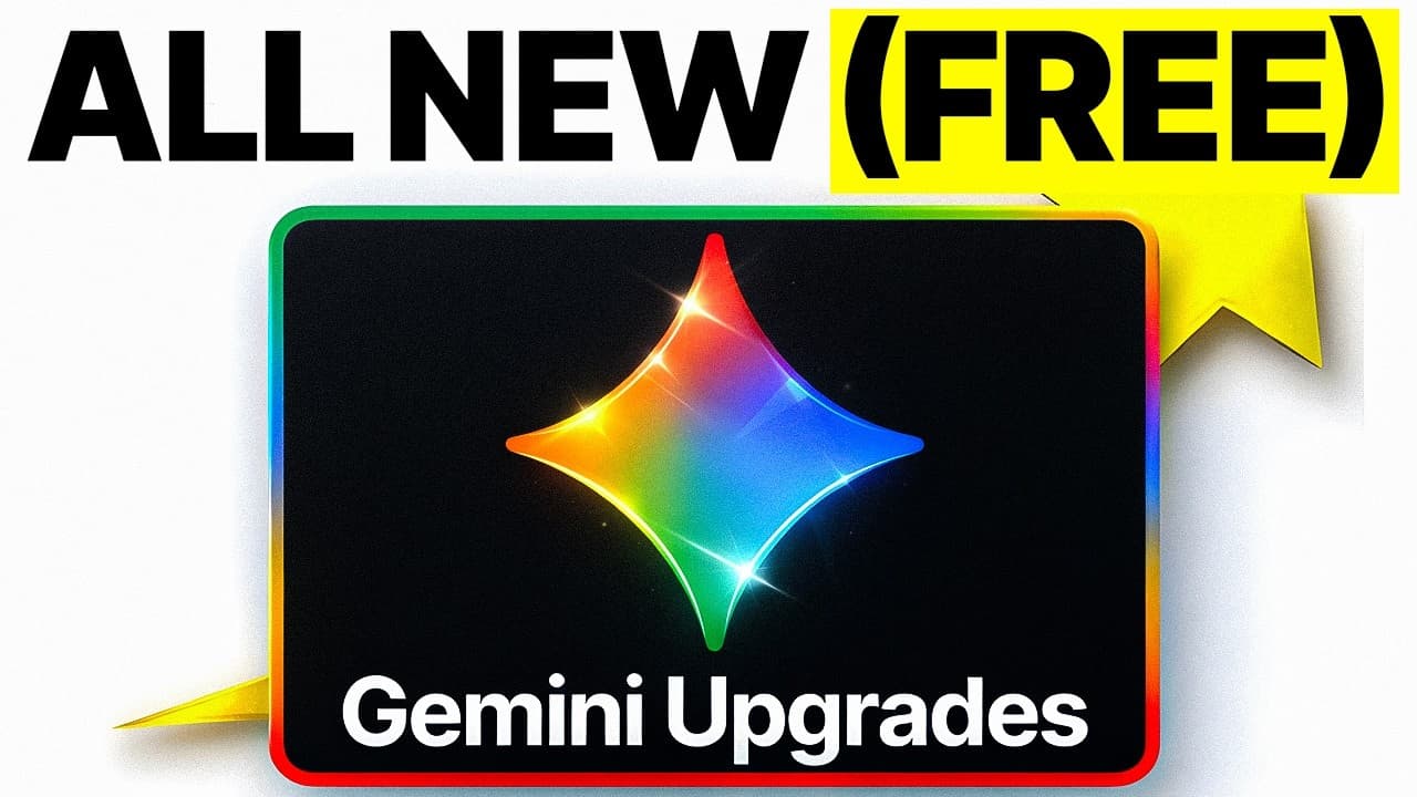 Colorful rainbow star icon with glowing edges on black background, framed by neon border with "Gemini Upgrades" text and…