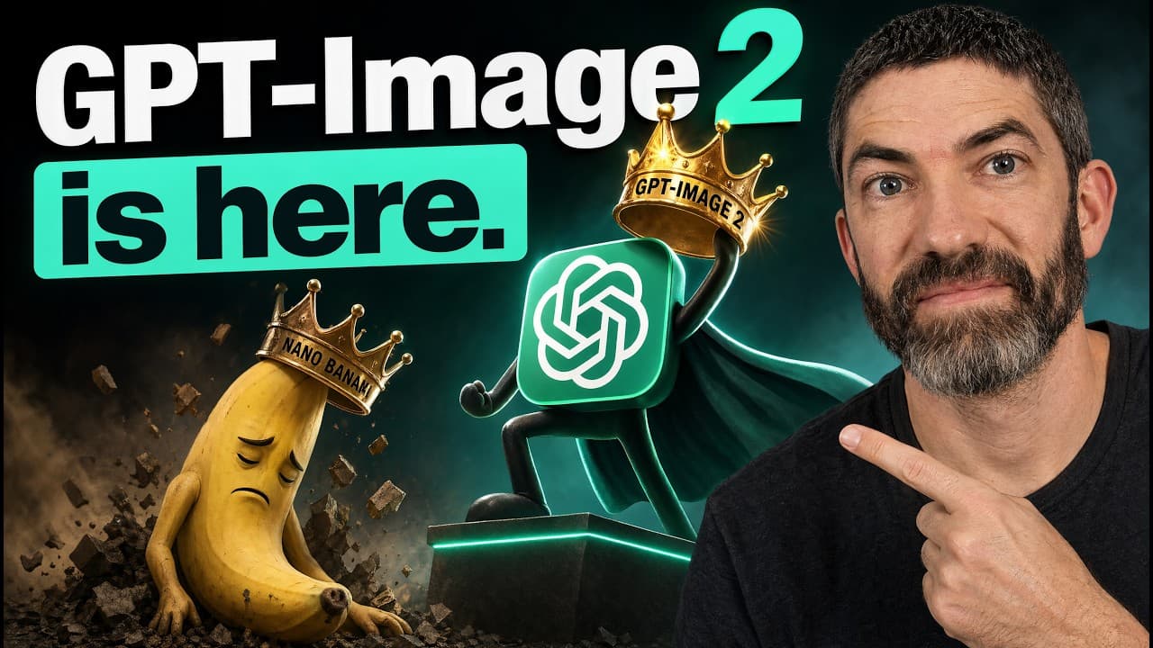Man pointing at glowing OpenAI logo with crowned banana and trophy icons on teal background announcing GPT-Image 2 release