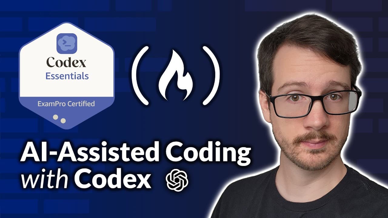 Man wearing glasses next to Codex Essentials certification badge and flame icon on blue background