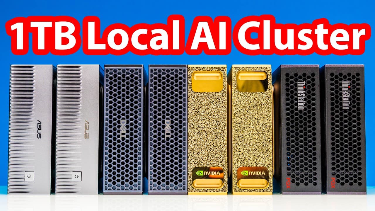 Eight server towers arranged in a row against a blue background, displaying ASUS and NVIDIA branding with the red text "1TB…