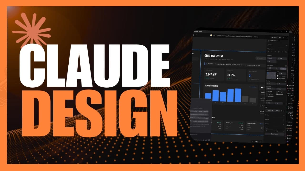 Bold orange and white "CLAUDE DESIGN" text overlays a dark interface screenshot showing grid analytics and UI design tools…