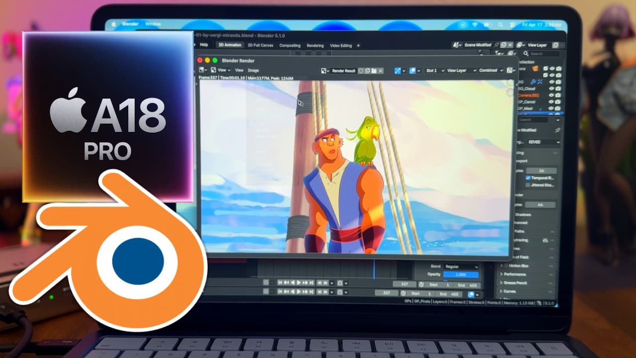 MacBook displaying Blender's Grease Pencil with animated character scene, A18 Pro chip logo, and Blender icon overlay