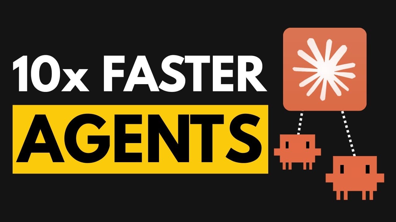Bold yellow and white text reading "10x FASTER AGENTS" with a starburst icon and pixel-art alien invaders on a black…