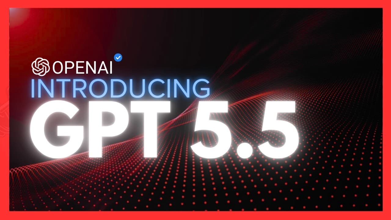 OpenAI logo with "INTRODUCING GPT-5.5" in large white text against a dark background with red glowing digital wave pattern