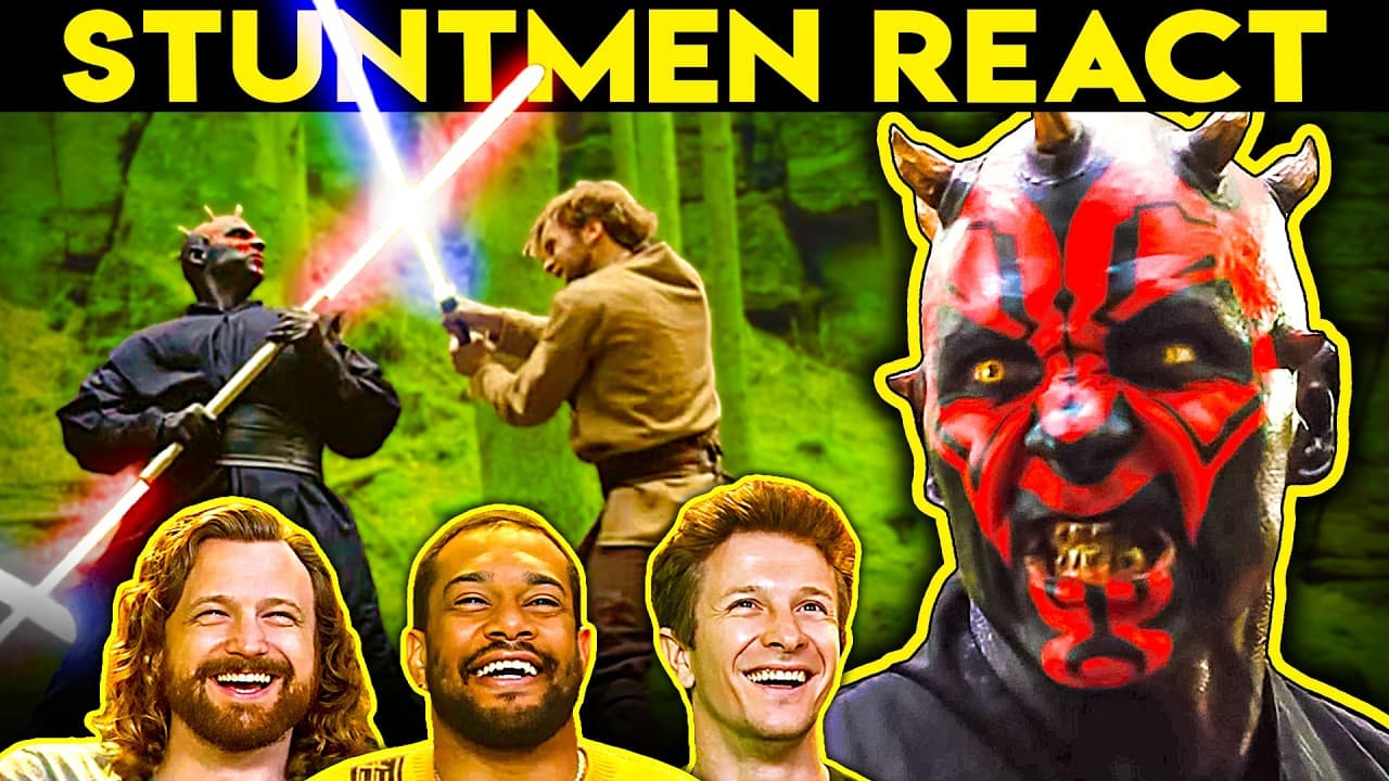 Three smiling men at bottom left, with a Darth Maul character and lightsaber duel scene above them against a green forest…