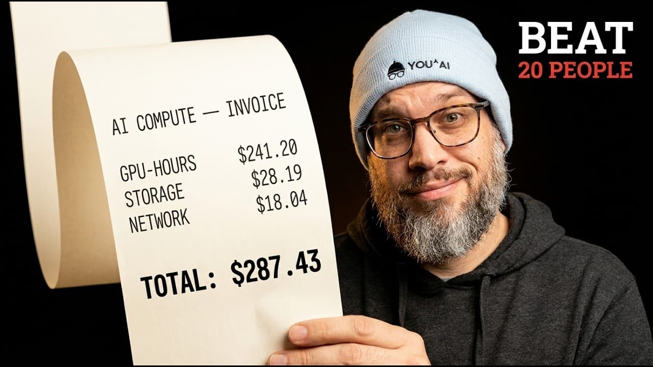 Man in beanie holding AI compute invoice totaling $287.43, with "Beat 20 People" text overlay on black background