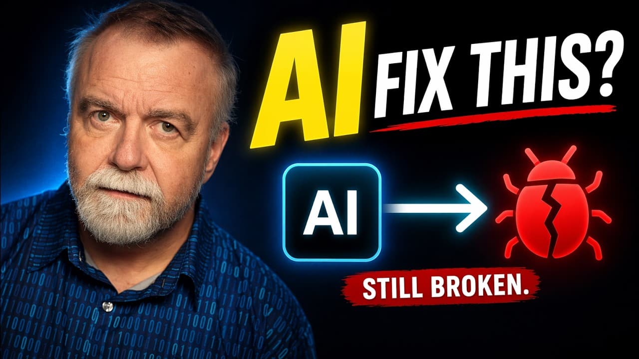 Skeptical man with beard next to glowing AI box with arrow pointing to broken red bug icon, with text "AI FIX THIS? STILL…
