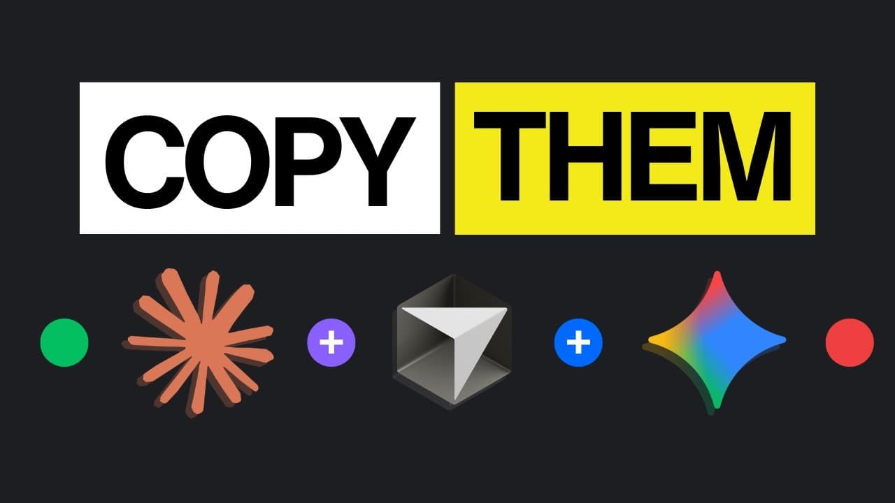COPY THEM" text with colorful app icons including a star, envelope, and circular badges arranged on a dark background
