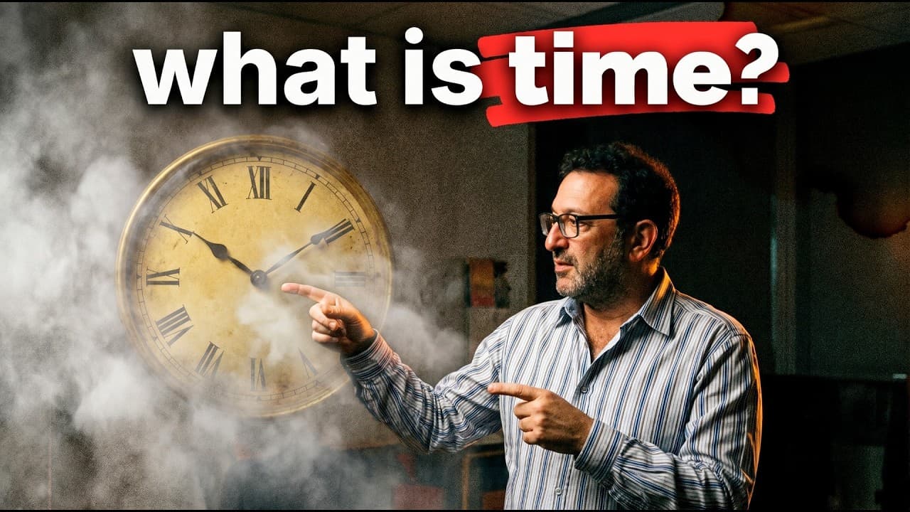 A bearded physicist in glasses and striped shirt points at an antique clock surrounded by smoke, with "what is time?" text…
