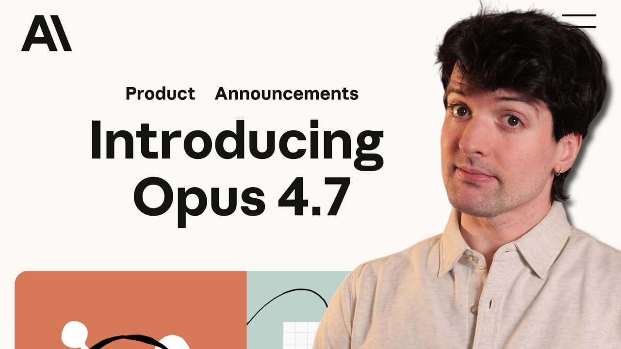 Man in beige shirt with surprised expression next to "Introducing Opus 4.7" text and colorful design elements on cream…