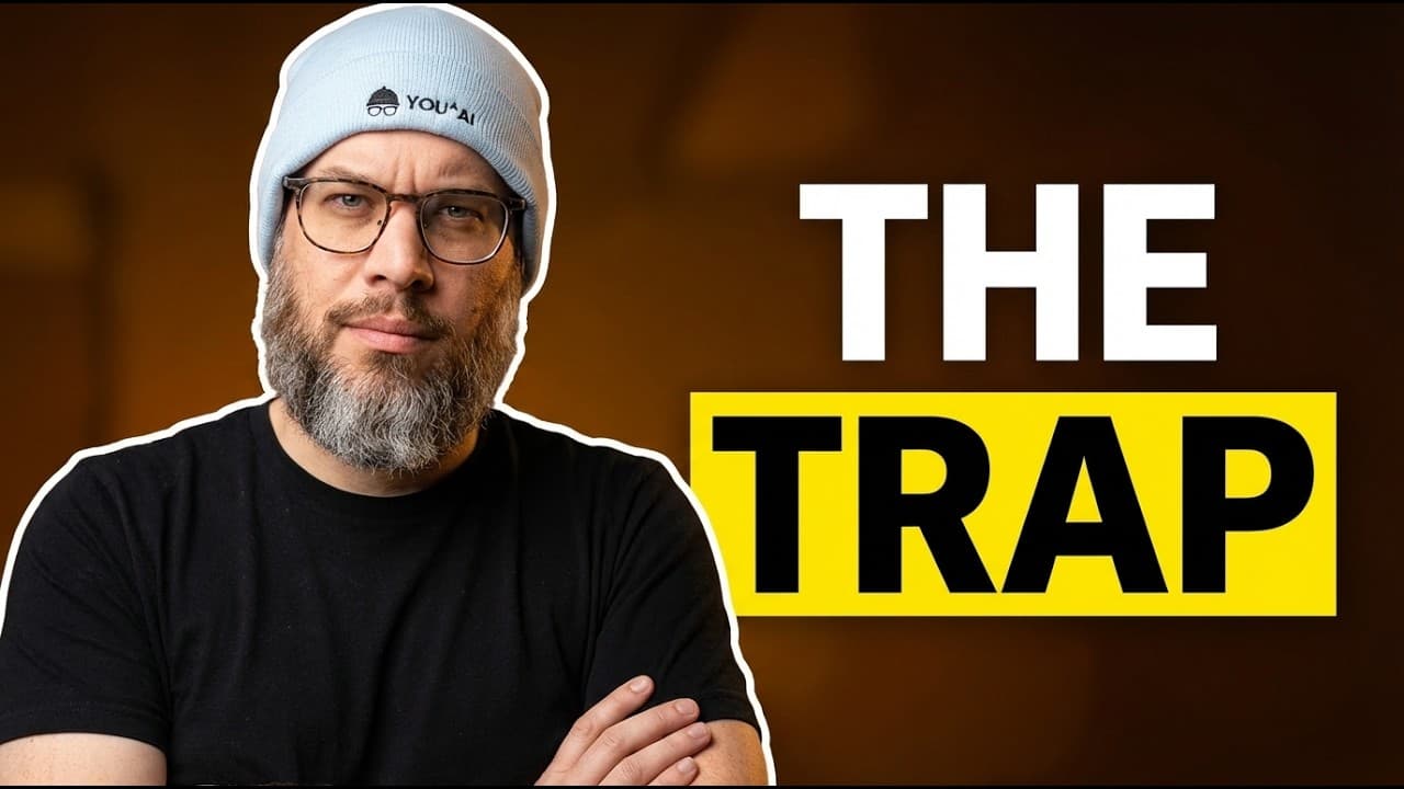 Man with beard and glasses wearing a light blue beanie against a brown background with bold text reading "THE TRAP" in…