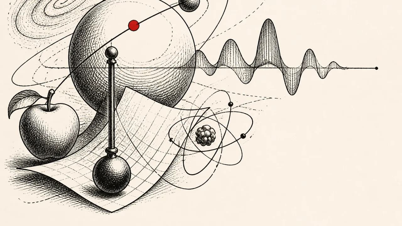 Man in light blue shirt surrounded by physics equations, wave diagrams, and visualizations including electromagnetic…