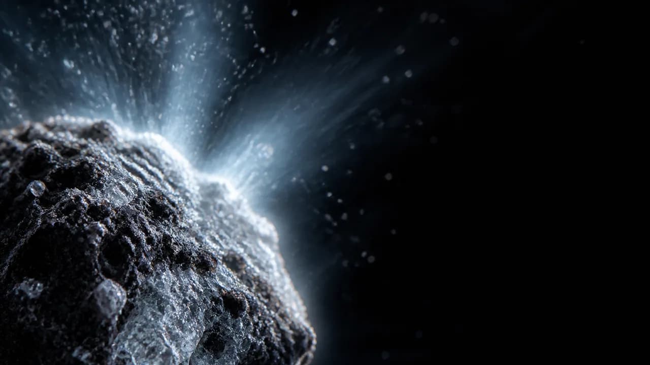 A glowing interstellar comet with icy surface floats in space near Earth, illuminated by golden light from within.