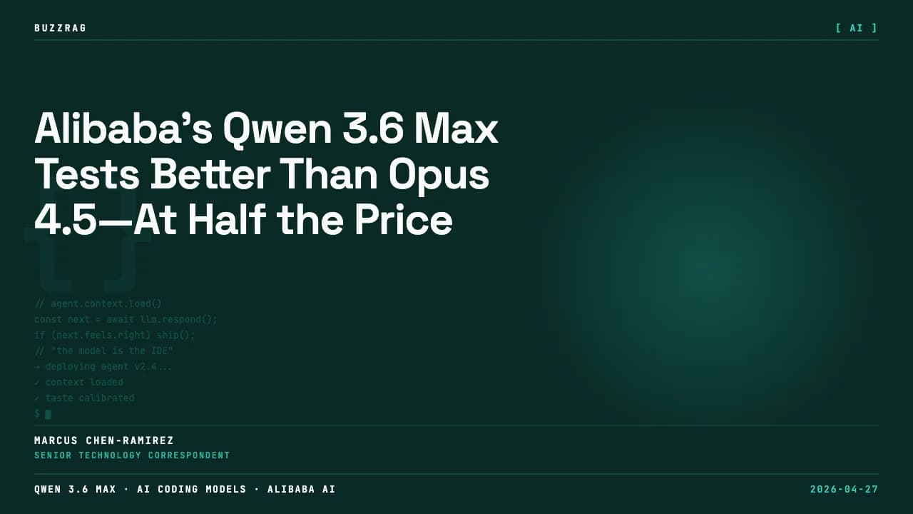 Alibaba introduces Qwen 3.6 Max with glowing white text on a dark purple digital landscape with flowing particle effects