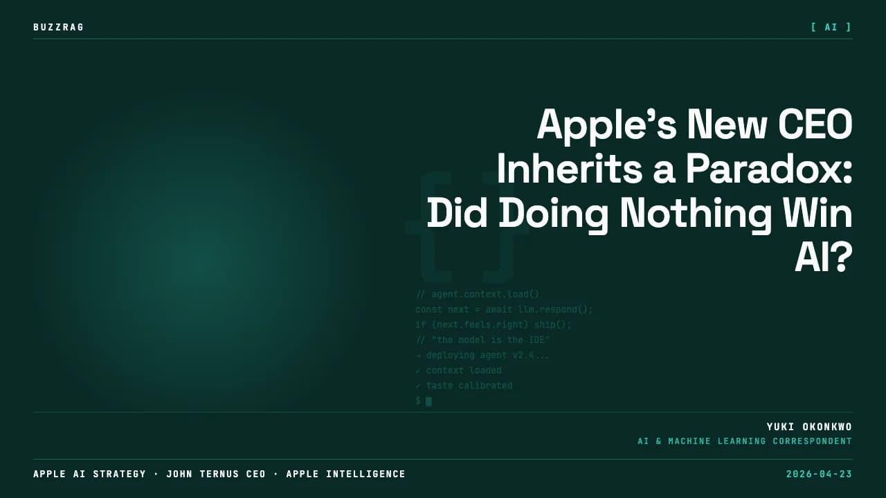 A futuristic robot with the Apple logo holds a "Hardware-First" chip and "AI-First" sphere against a sunset cityscape…