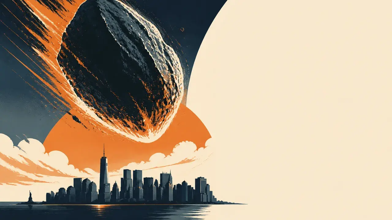 A bright explosion engulfs a city skyline as intense yellow light radiates across the sky, illustrating catastrophic cosmic…