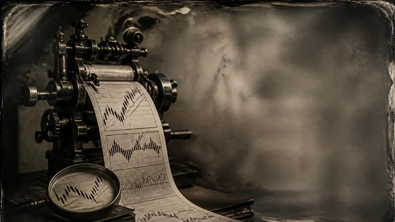 Man with headphones pointing at trading charts, portfolio pie chart, and upward trending graph with code overlays and tool…