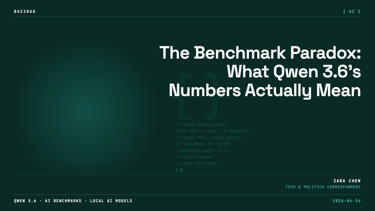 A scale comparing two glowing boxes labeled "27B" and "397B" with text asking "DENSE > MoE?" and Qwen 3.6 branding, set in…