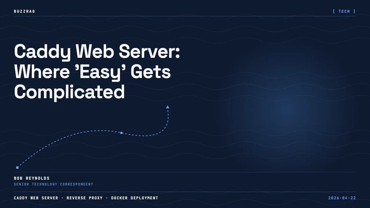 Man in glasses gestures toward checklist showing webserver, reverseproxy, https, and docker with green checkmarks, Caddy…