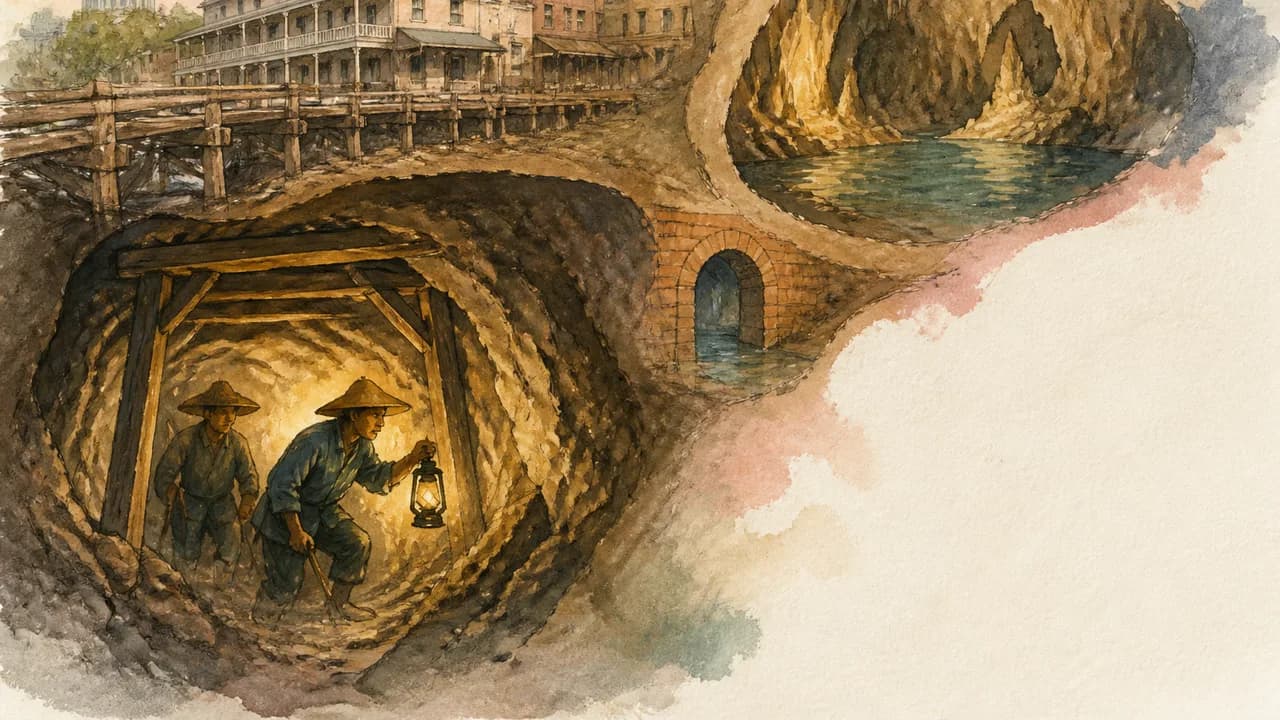 Abandoned ghost town buildings nestled inside a massive cave with daylight streaming through the entrance and a river…