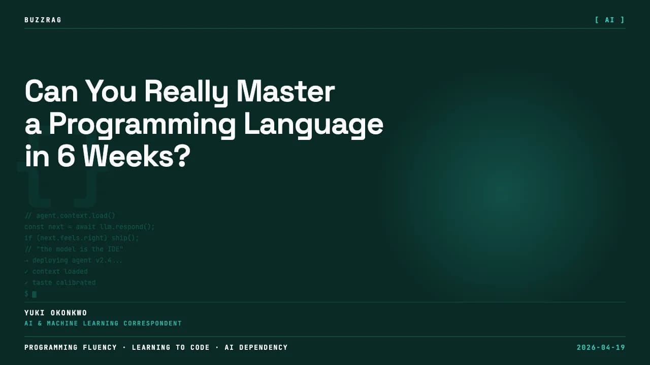 Neon-styled text on dark background reads "Learn ANY PROGRAMMING LANGUAGE FLUENTLY" with blue digital dots and cyan border…