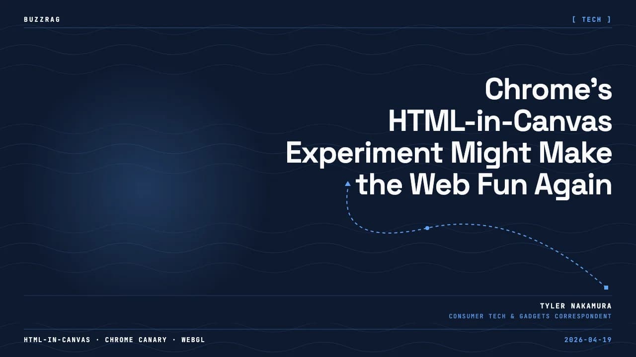 A person in a colorful striped jacket and glasses gives a thumbs up against black background with text about HTML in Canvas…