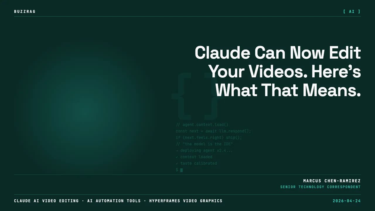 Young man smiling at camera pointing to video editing software interface with app icons for Claude and HyperFrames…