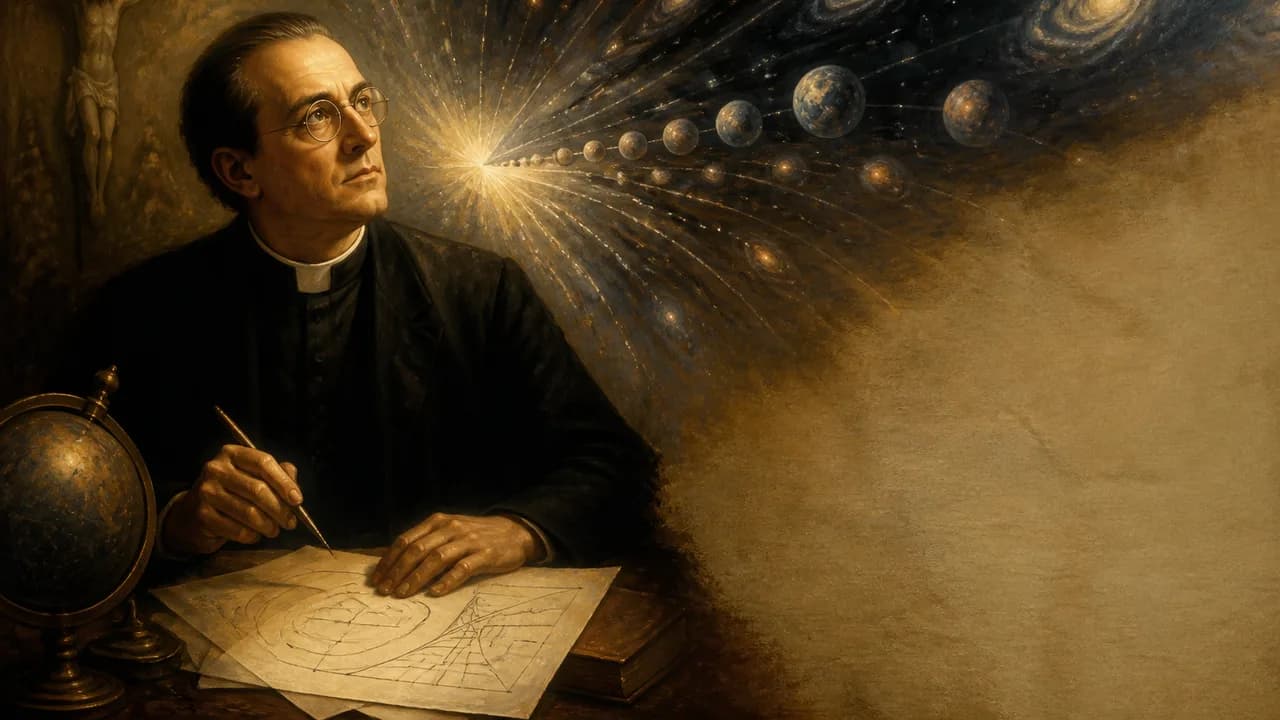 Two men flanking a historical black and white portrait against a cosmic blue and red background, with text reading "THE…