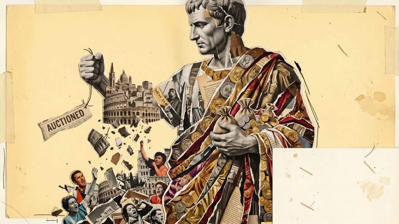 A scales of justice held by a robed hand tips unbalanced, with a glowing skull labeled "ROME" on one side and "SPQR" on the…