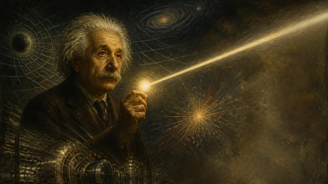 Two men in discussion flanking a vibrant digital portrait of Einstein with glowing golden and blue energy effects radiating…