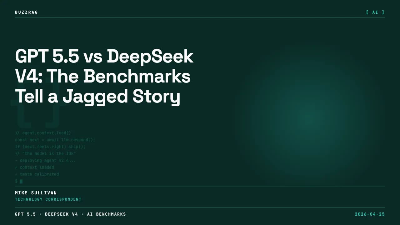 Two men in business casual attire flank bold text reading "GPT 5.5 PLUS THE DEEPSEEK DROP" against a white background