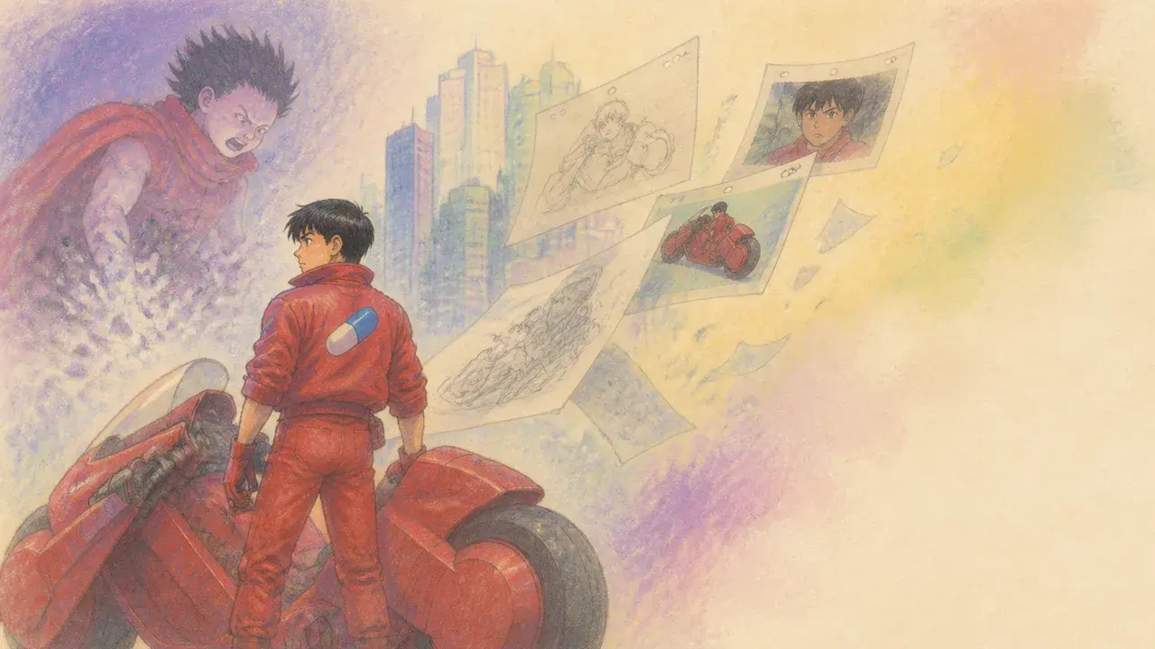 Futuristic cityscape and red motorcycle with rider alongside "AKIRA" title and "THEY ANIMATED THE IMPOSSIBLE" caption on…