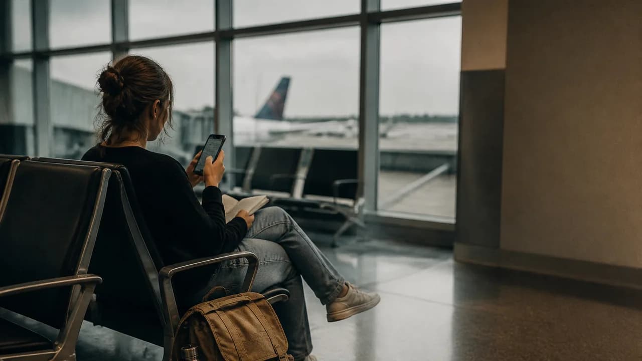 Confused traveler at airport holding gate A12 boarding pass while departures board shows gate C25, highlighting common…